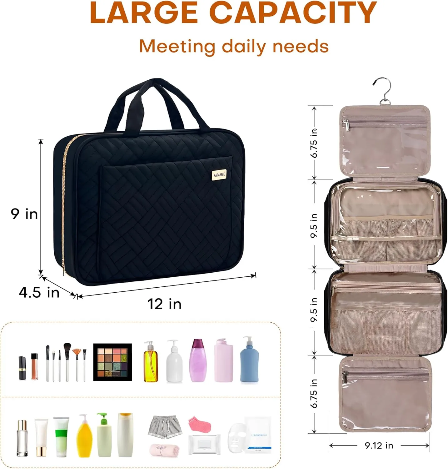 8L Travel Toiletry Bag for women - 2.1 GAL Water-resistant Makeup Cosmetic Bag Organizer With Hanging Hook for Travel Accessories Shampoo Full-size Container, Black