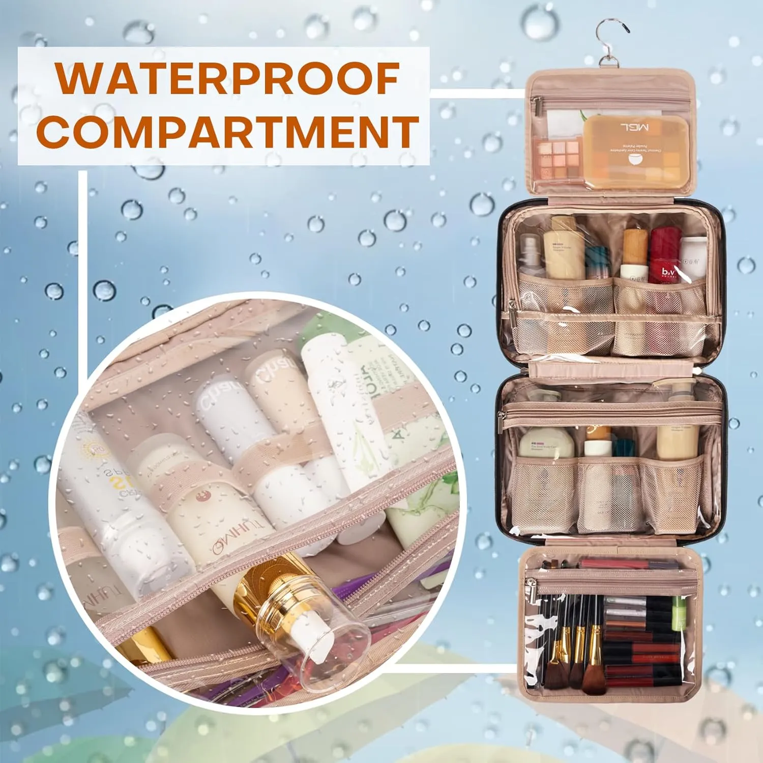 8L Travel Toiletry Bag for women - 2.1 GAL Water-resistant Makeup Cosmetic Bag Organizer With Hanging Hook for Travel Accessories Shampoo Full-size Container, Black