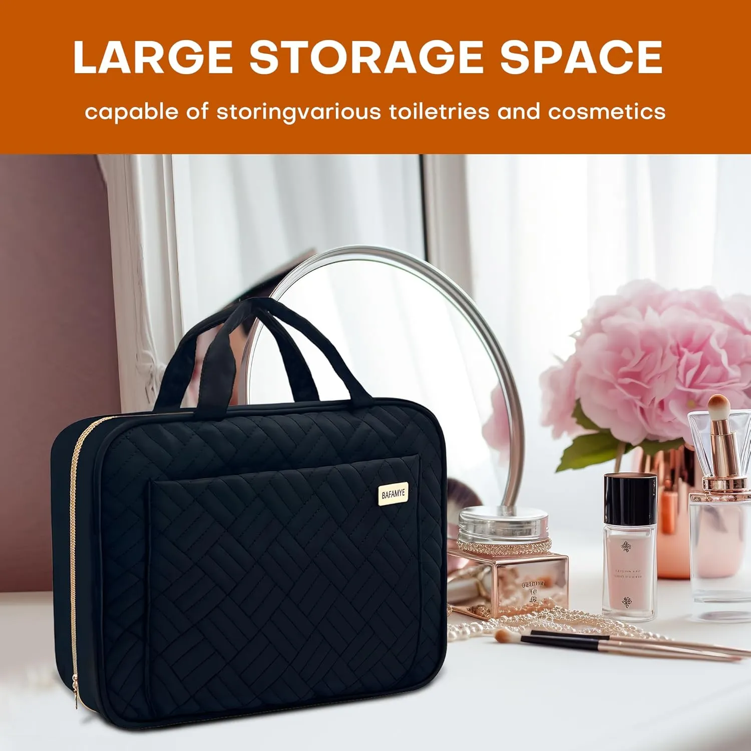 8L Travel Toiletry Bag for women - 2.1 GAL Water-resistant Makeup Cosmetic Bag Organizer With Hanging Hook for Travel Accessories Shampoo Full-size Container, Black
