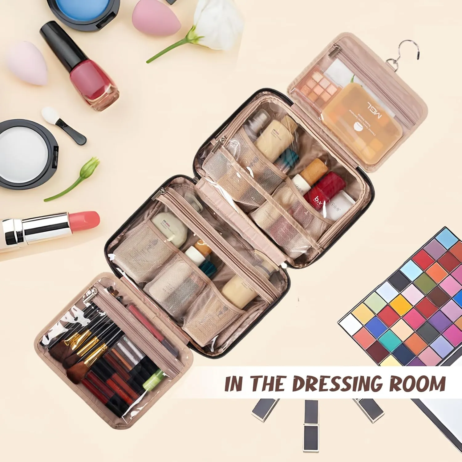 8L Travel Toiletry Bag for women - 2.1 GAL Water-resistant Makeup Cosmetic Bag Organizer With Hanging Hook for Travel Accessories Shampoo Full-size Container, Black