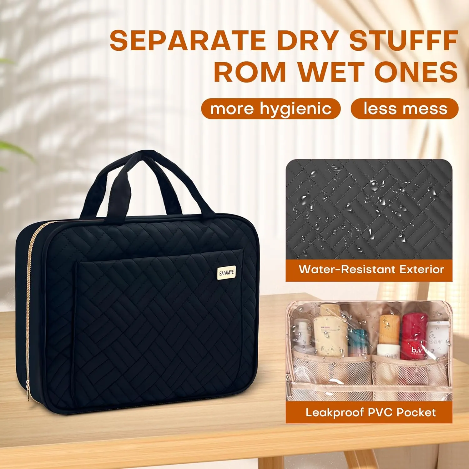 8L Travel Toiletry Bag for women - 2.1 GAL Water-resistant Makeup Cosmetic Bag Organizer With Hanging Hook for Travel Accessories Shampoo Full-size Container, Black