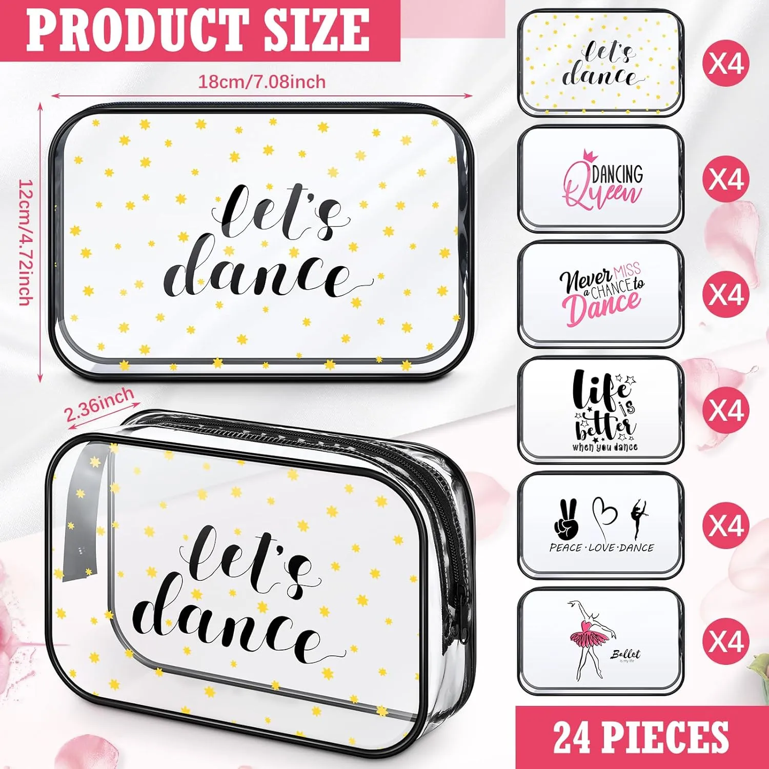 Abbylike 24 Pcs Waterproof Cosmetic Bag 7 x 4.7 x 2.4'' Makeup Bag Cosmetic Toiletry Zipper Pouch Clear Zipper Case for Women(Dance)