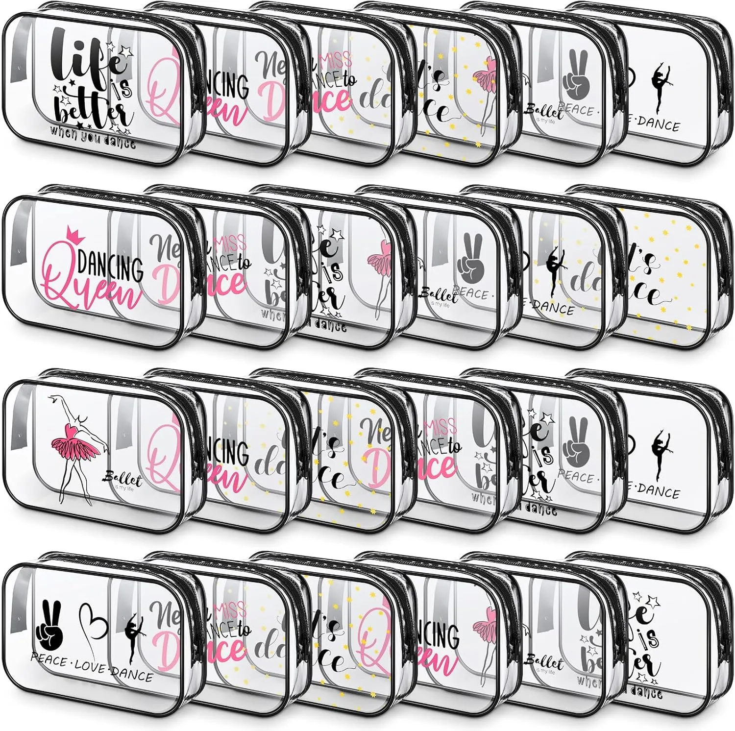 Abbylike 24 Pcs Waterproof Cosmetic Bag 7 x 4.7 x 2.4'' Makeup Bag Cosmetic Toiletry Zipper Pouch Clear Zipper Case for Women(Dance)