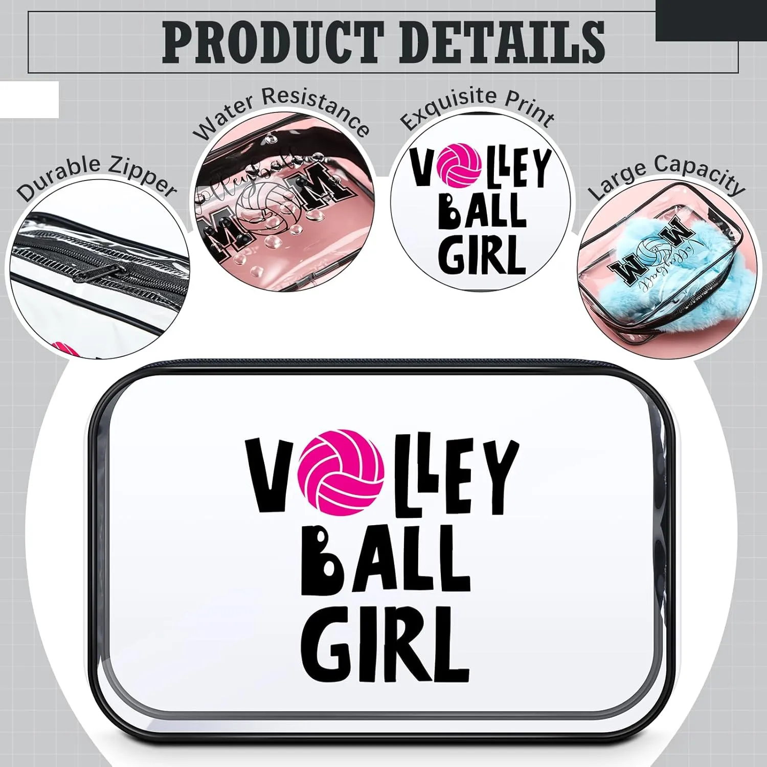 Abbylike 24 Pcs Waterproof Cosmetic Bag 7 x 4.7 x 2.4'' Makeup Bag Cosmetic Toiletry Zipper Pouch Clear Zipper Case for Women(Volleyball)