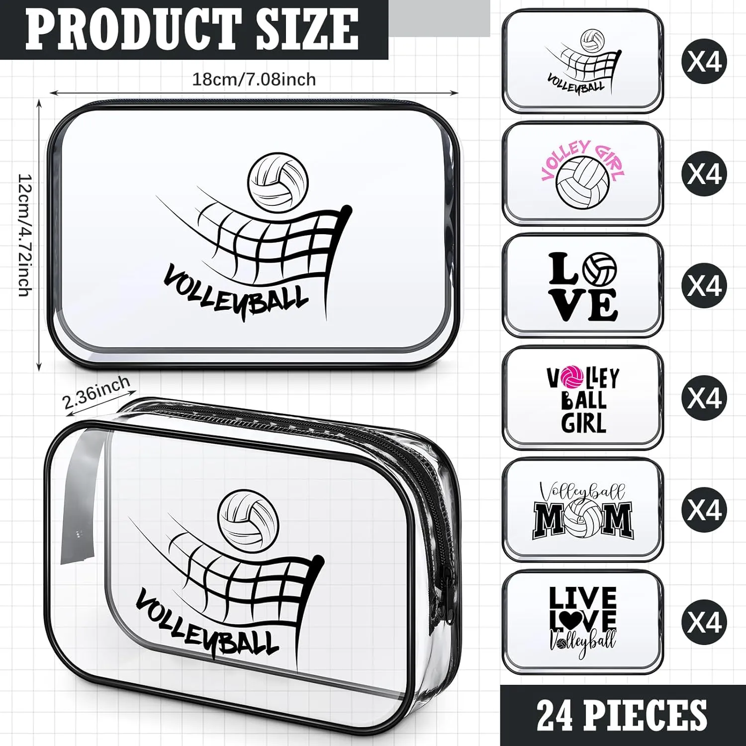Abbylike 24 Pcs Waterproof Cosmetic Bag 7 x 4.7 x 2.4'' Makeup Bag Cosmetic Toiletry Zipper Pouch Clear Zipper Case for Women(Volleyball)