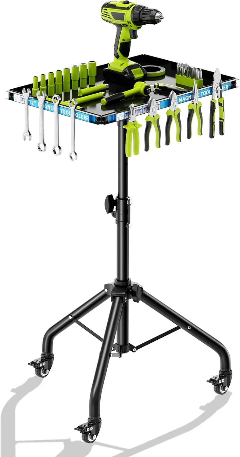 Adjustable Height Rolling Tool Cart with Wheels, Rolling Work Table with Magnetic Strip Mobile Work Table Rolling Utility Cart Mechanic Tool Trays Storage Organizer for Garage, Bike Workshop