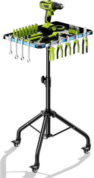 Adjustable Height Rolling Tool Cart with Wheels, Rolling Work Table with Magnetic Strip Mobile Work Table Rolling Utility Cart Mechanic Tool Trays Storage Organizer for Garage, Bike Workshop