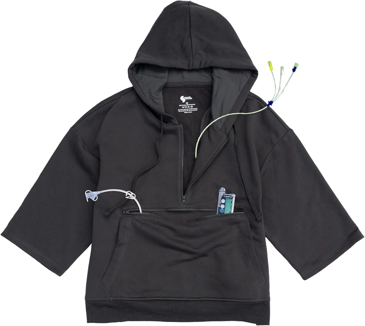 Adult 3/4 Sleeve Half-Zip Access Hoodie for Chest Port, Abdomen, Chemo, Insulin Pumps, & Post-Surgery