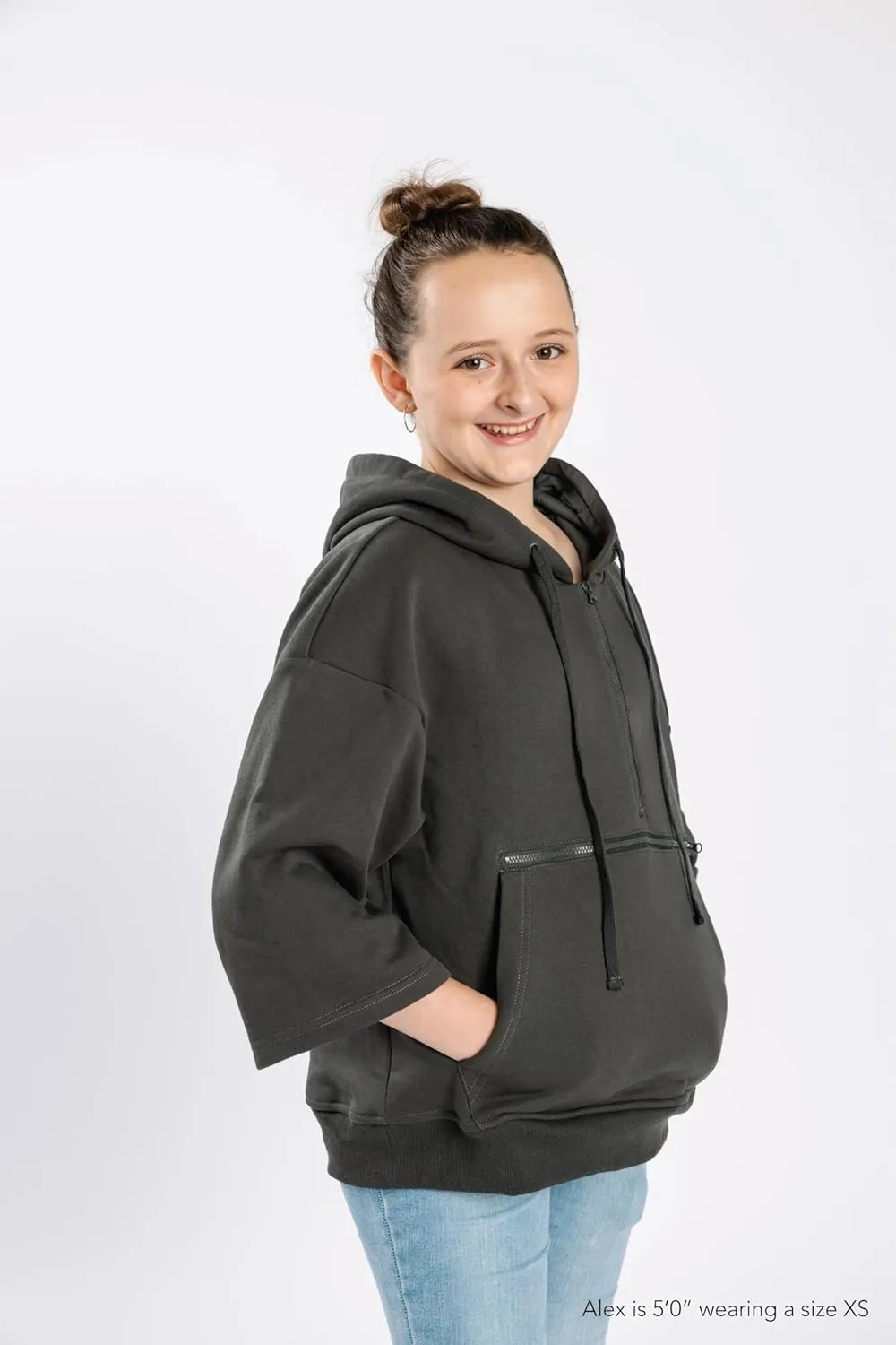 Adult 3/4 Sleeve Half-Zip Access Hoodie for Chest Port, Abdomen, Chemo, Insulin Pumps, & Post-Surgery