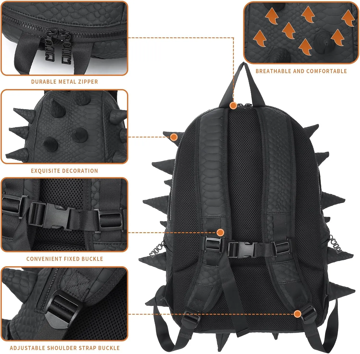 Adult Dinosaur Backpack for Men Women, Ankylosaur Casual Daypack, Waterproof 15.6 Inch Dragon Thorn Laptop Backpack, Fashion Spike Punk Backpack for Commuter Travel Shopping Black