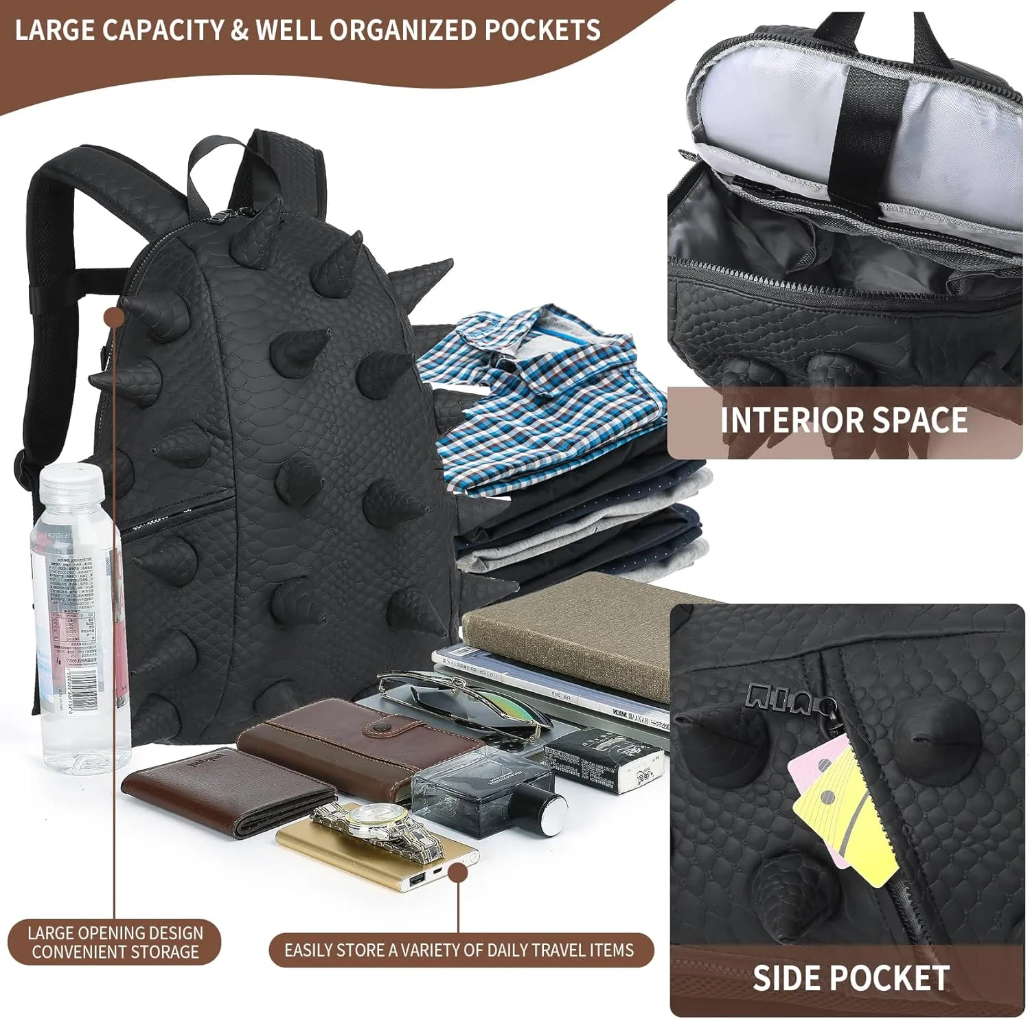 Adult Dinosaur Backpack for Men Women, Ankylosaur Casual Daypack, Waterproof 15.6 Inch Dragon Thorn Laptop Backpack, Fashion Spike Punk Backpack for Commuter Travel Shopping Black