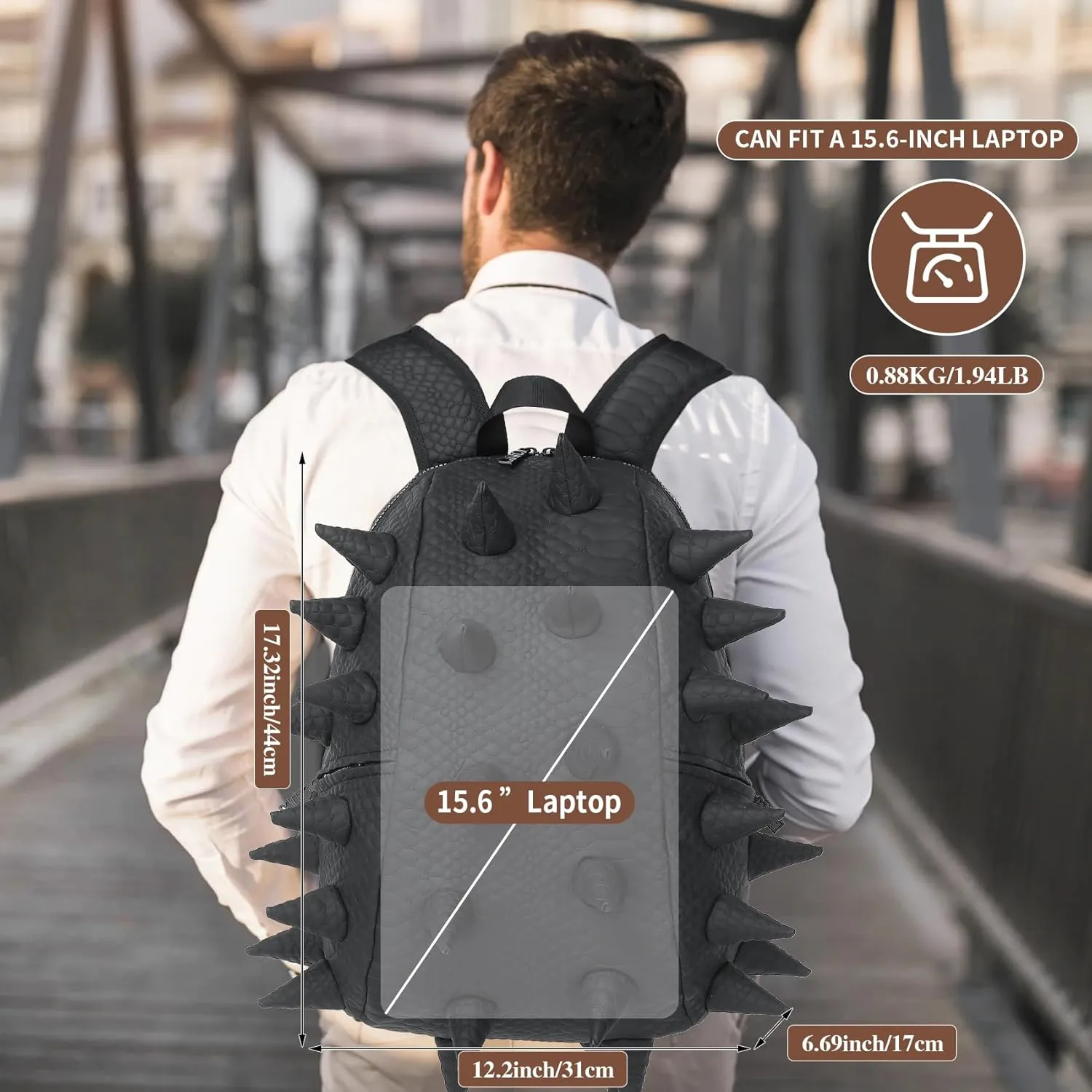 Adult Dinosaur Backpack for Men Women, Ankylosaur Casual Daypack, Waterproof 15.6 Inch Dragon Thorn Laptop Backpack, Fashion Spike Punk Backpack for Commuter Travel Shopping Black