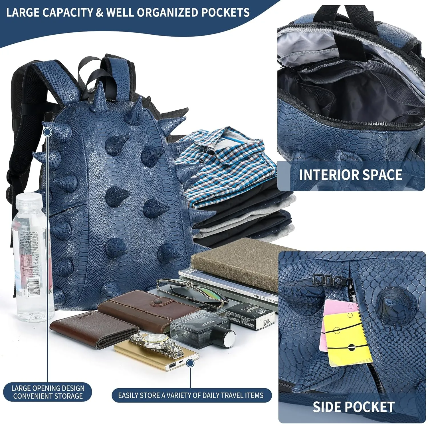 Adult Dinosaur Backpack for Men Women, Ankylosaur Casual Daypack, Waterproof 15.6 Inch Dragon Thorn Laptop Backpack, Fashion Spike Punk Backpack for Commuter Travel Shopping Blue