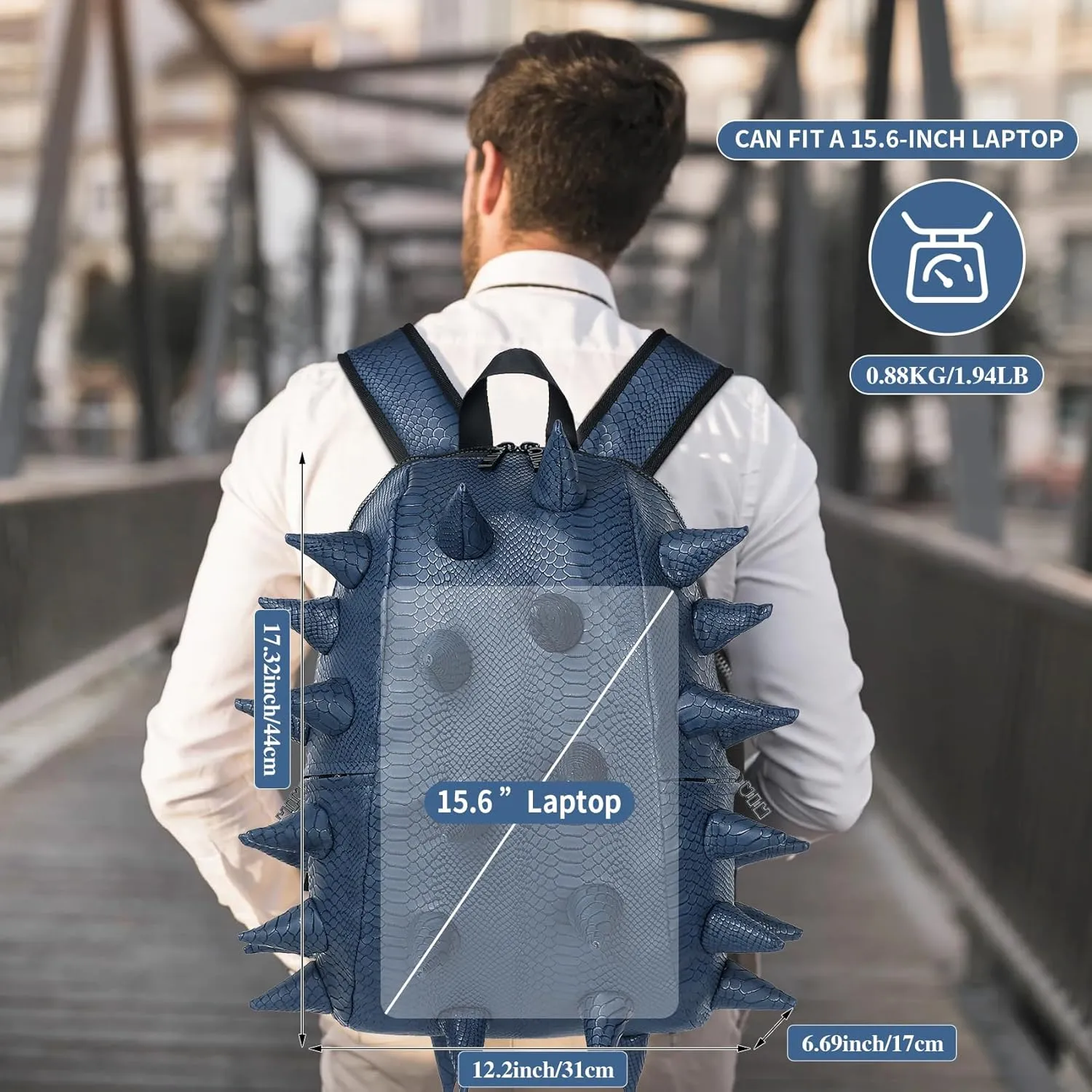 Adult Dinosaur Backpack for Men Women, Ankylosaur Casual Daypack, Waterproof 15.6 Inch Dragon Thorn Laptop Backpack, Fashion Spike Punk Backpack for Commuter Travel Shopping Blue