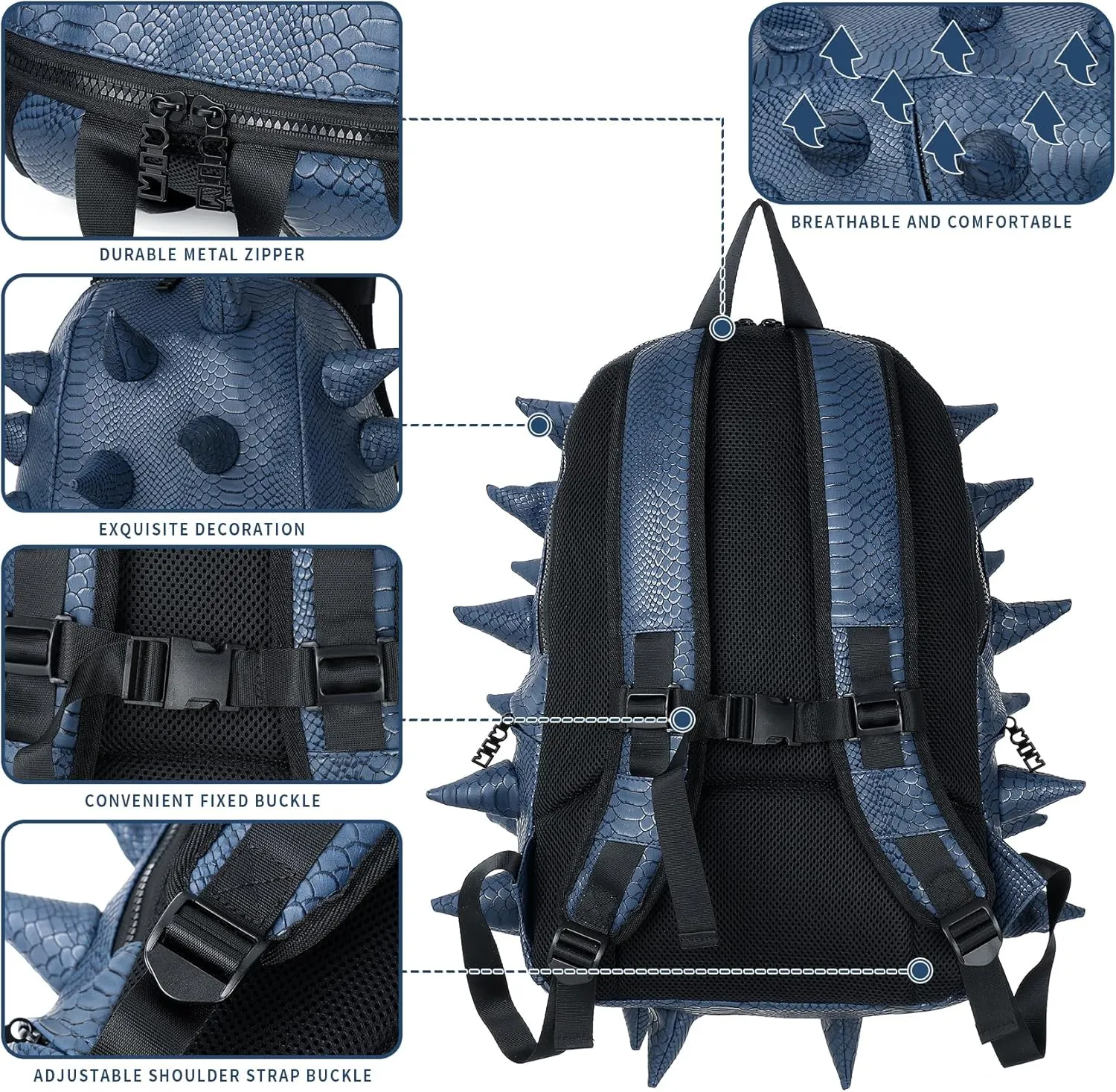 Adult Dinosaur Backpack for Men Women, Ankylosaur Casual Daypack, Waterproof 15.6 Inch Dragon Thorn Laptop Backpack, Fashion Spike Punk Backpack for Commuter Travel Shopping Blue