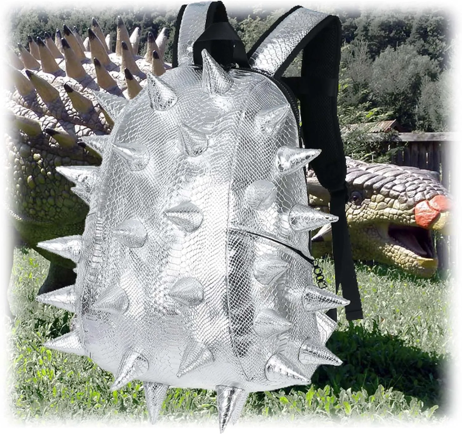 Adult Dinosaur Backpack for Men Women, Ankylosaur Casual Daypack, Waterproof 15.6 Inch Dragon Thorn Laptop Backpack, Fashion Spike Punk Backpack for Commuter Travel Shopping Silver
