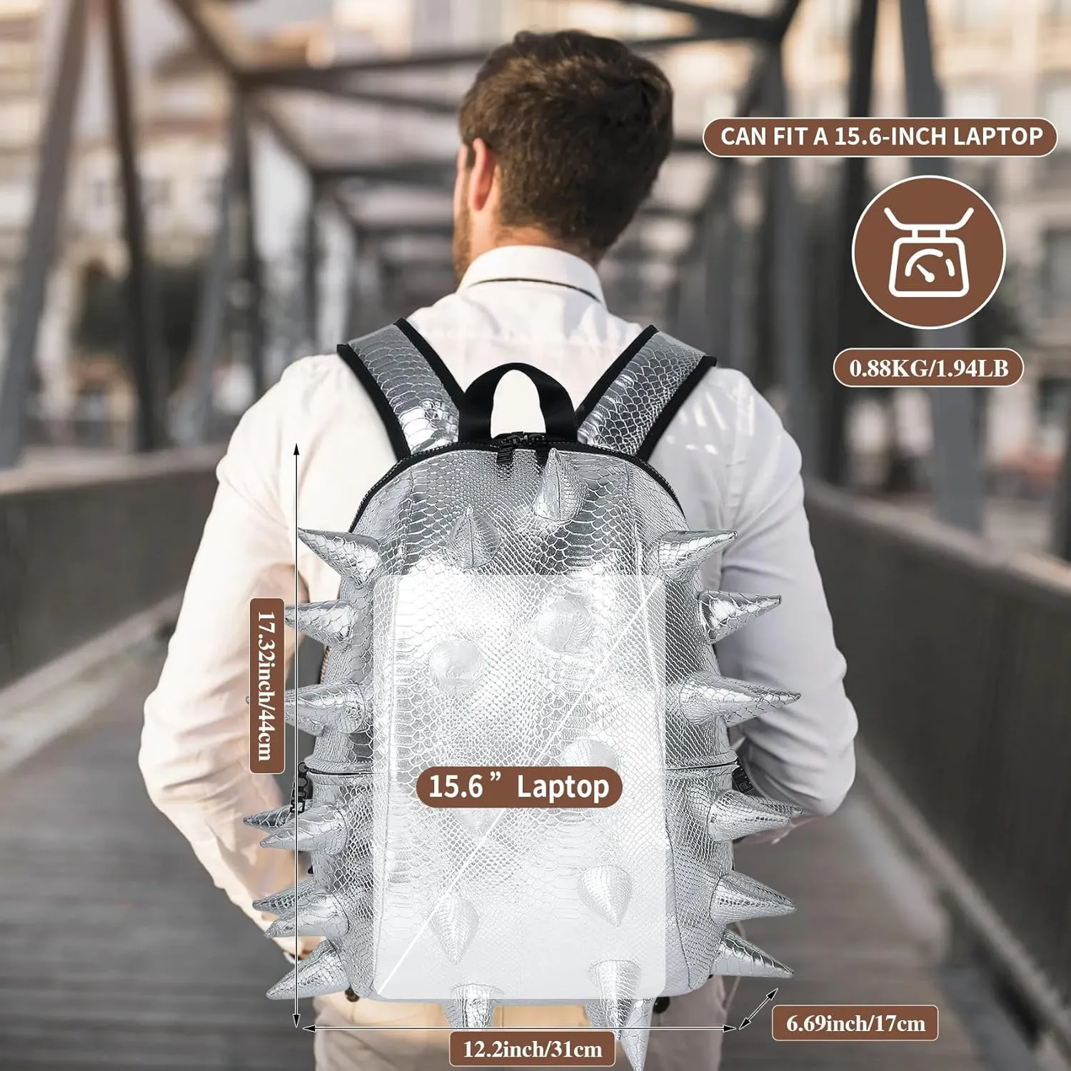 Adult Dinosaur Backpack for Men Women, Ankylosaur Casual Daypack, Waterproof 15.6 Inch Dragon Thorn Laptop Backpack, Fashion Spike Punk Backpack for Commuter Travel Shopping Silver