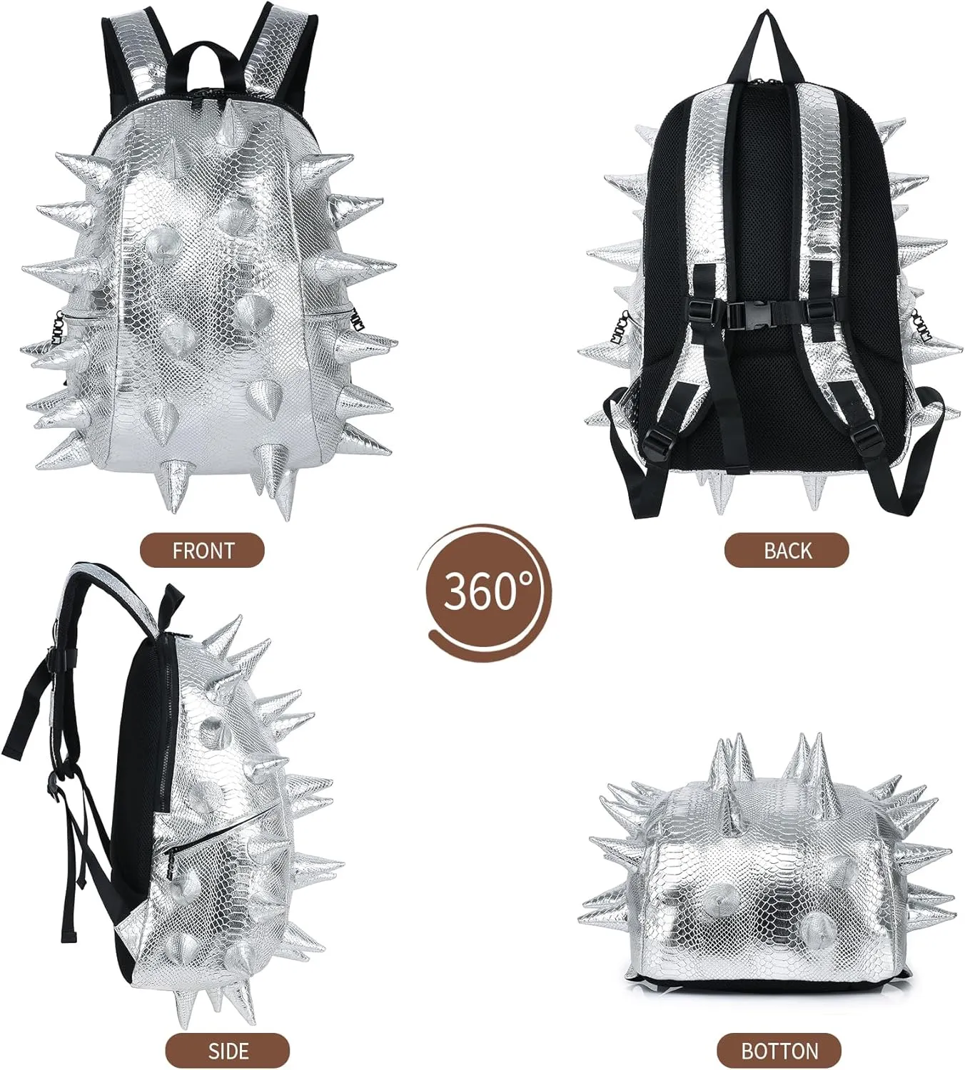 Adult Dinosaur Backpack for Men Women, Ankylosaur Casual Daypack, Waterproof 15.6 Inch Dragon Thorn Laptop Backpack, Fashion Spike Punk Backpack for Commuter Travel Shopping Silver