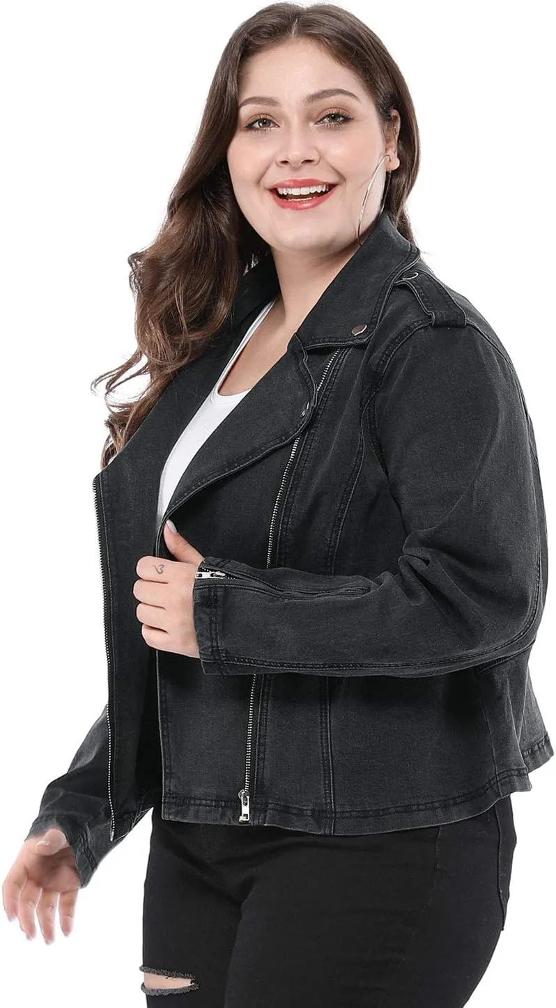 Agnes Orinda Women's Plus Size Denim Jackets Collar Inclined Zip Closure Biker Moto Jacket 2024