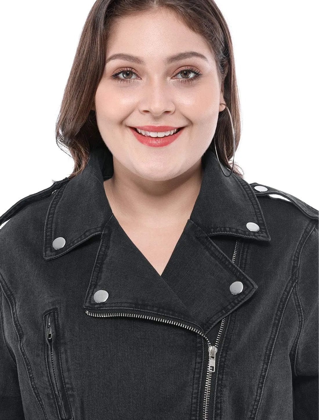 Agnes Orinda Women's Plus Size Denim Jackets Collar Inclined Zip Closure Biker Moto Jacket 2024