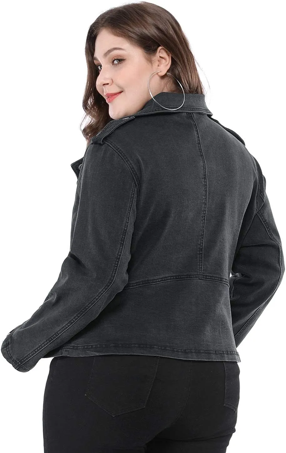Agnes Orinda Women's Plus Size Denim Jackets Collar Inclined Zip Closure Biker Moto Jacket 2024