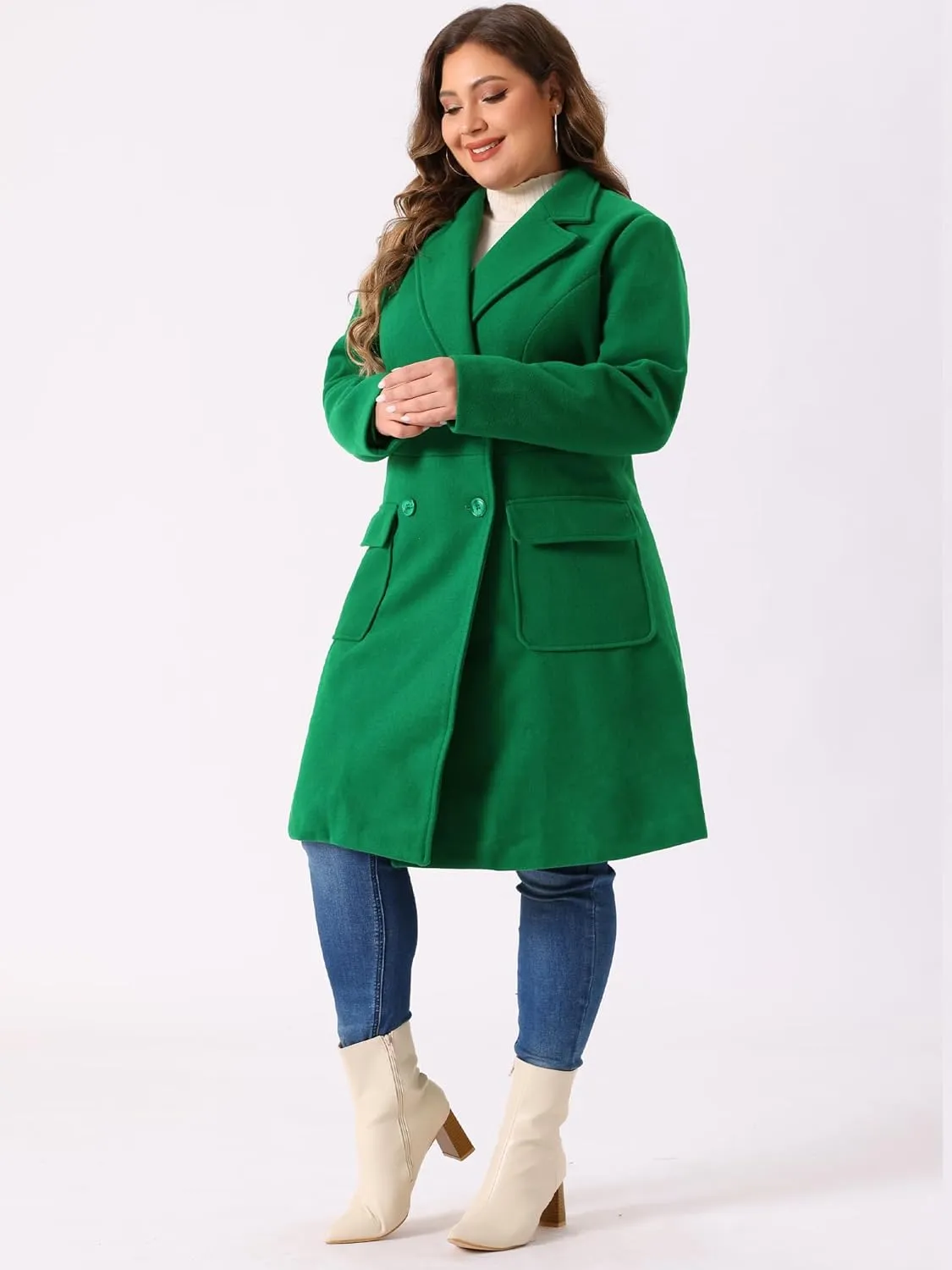 Agnes Orinda Women's Plus Size Long Winter Coats Notch Lapel Double Breasted Pea Trench Coats