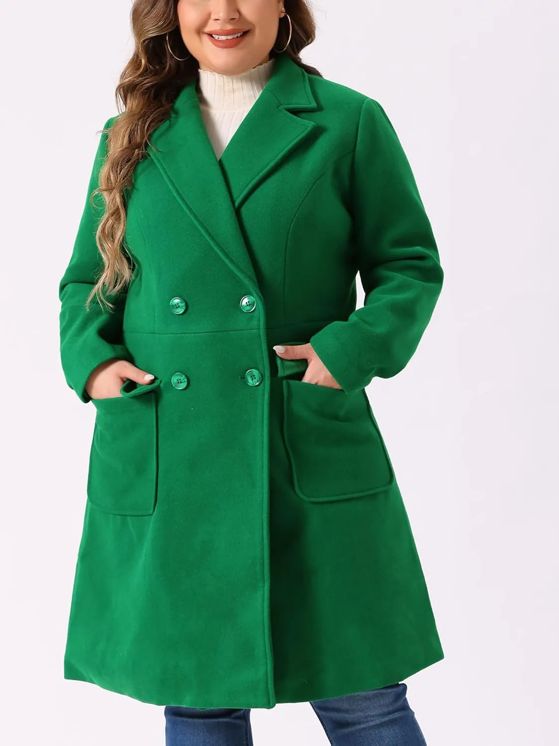 Agnes Orinda Women's Plus Size Long Winter Coats Notch Lapel Double Breasted Pea Trench Coats