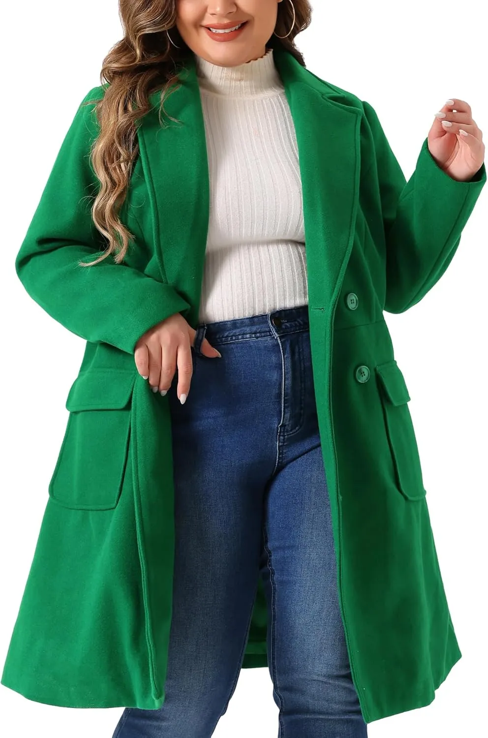 Agnes Orinda Women's Plus Size Long Winter Coats Notch Lapel Double Breasted Pea Trench Coats