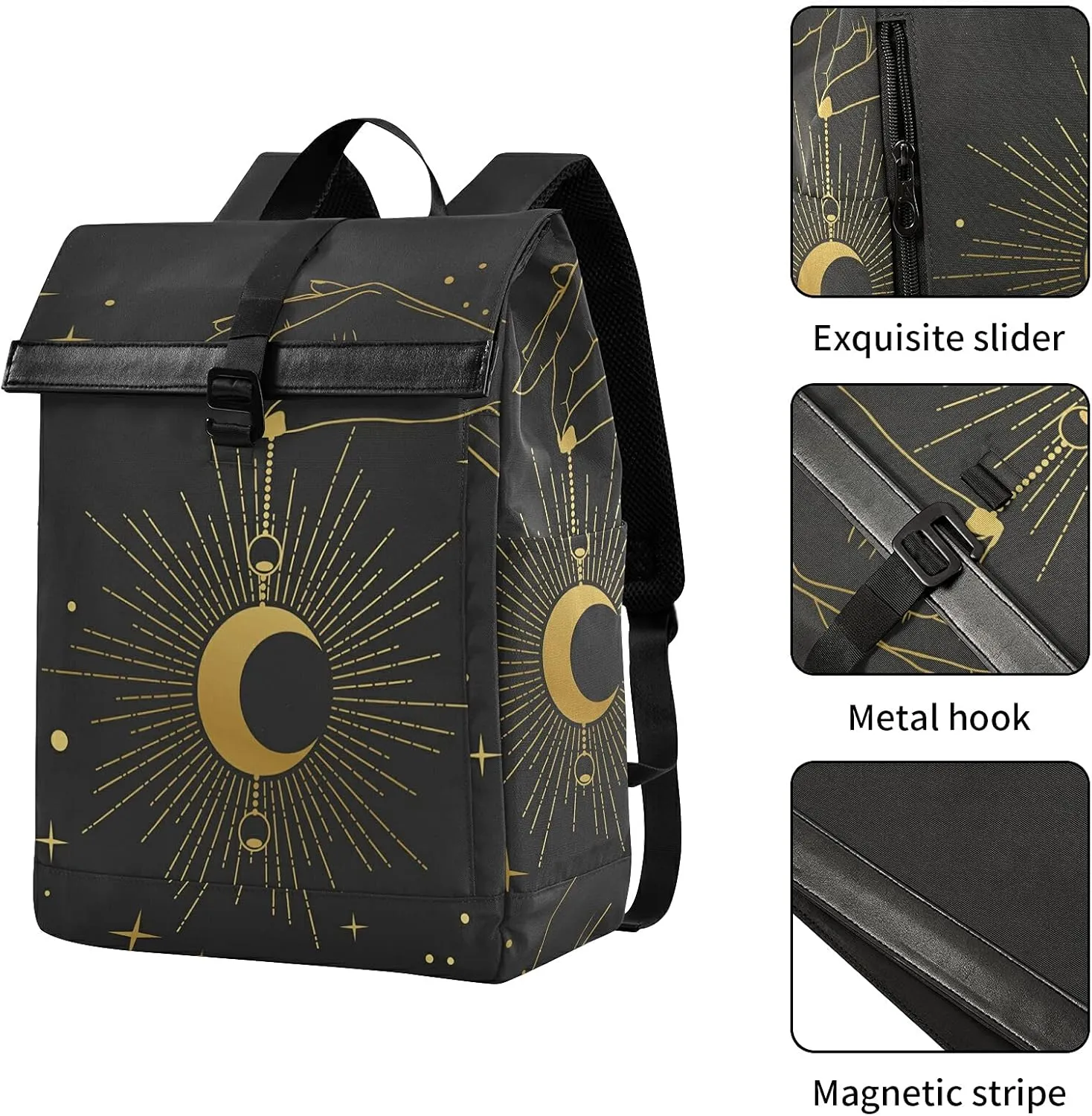 ALAZA Boho Style Hand Holding Crescent Moon Large Laptop Backpack Purse for Women Men Waterproof Anti Theft Roll Top Backpack, 13-17.3 inch