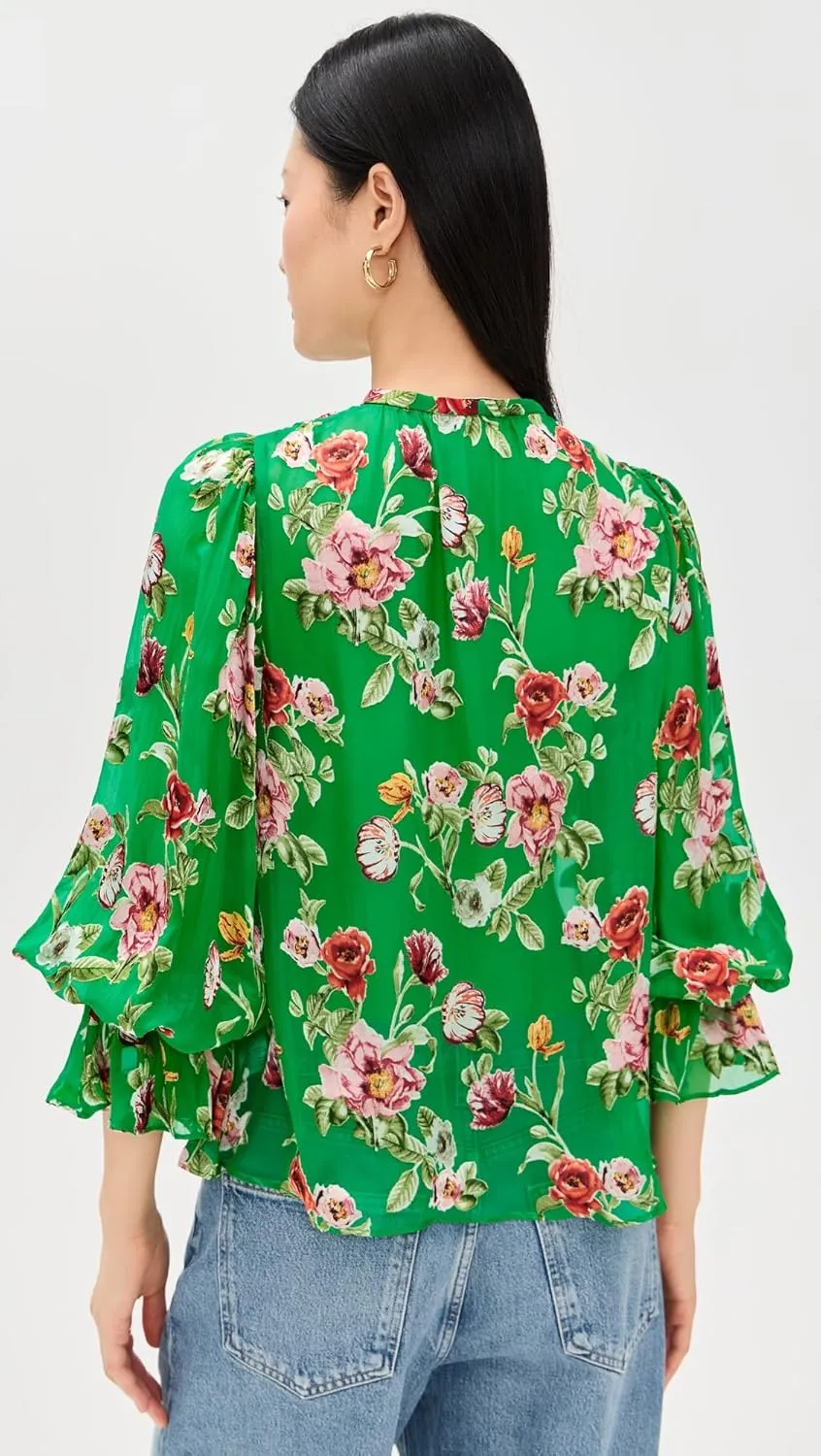 alice   olivia Women's Moranne Tie Neck Blouson Ruffle Sleeve Top