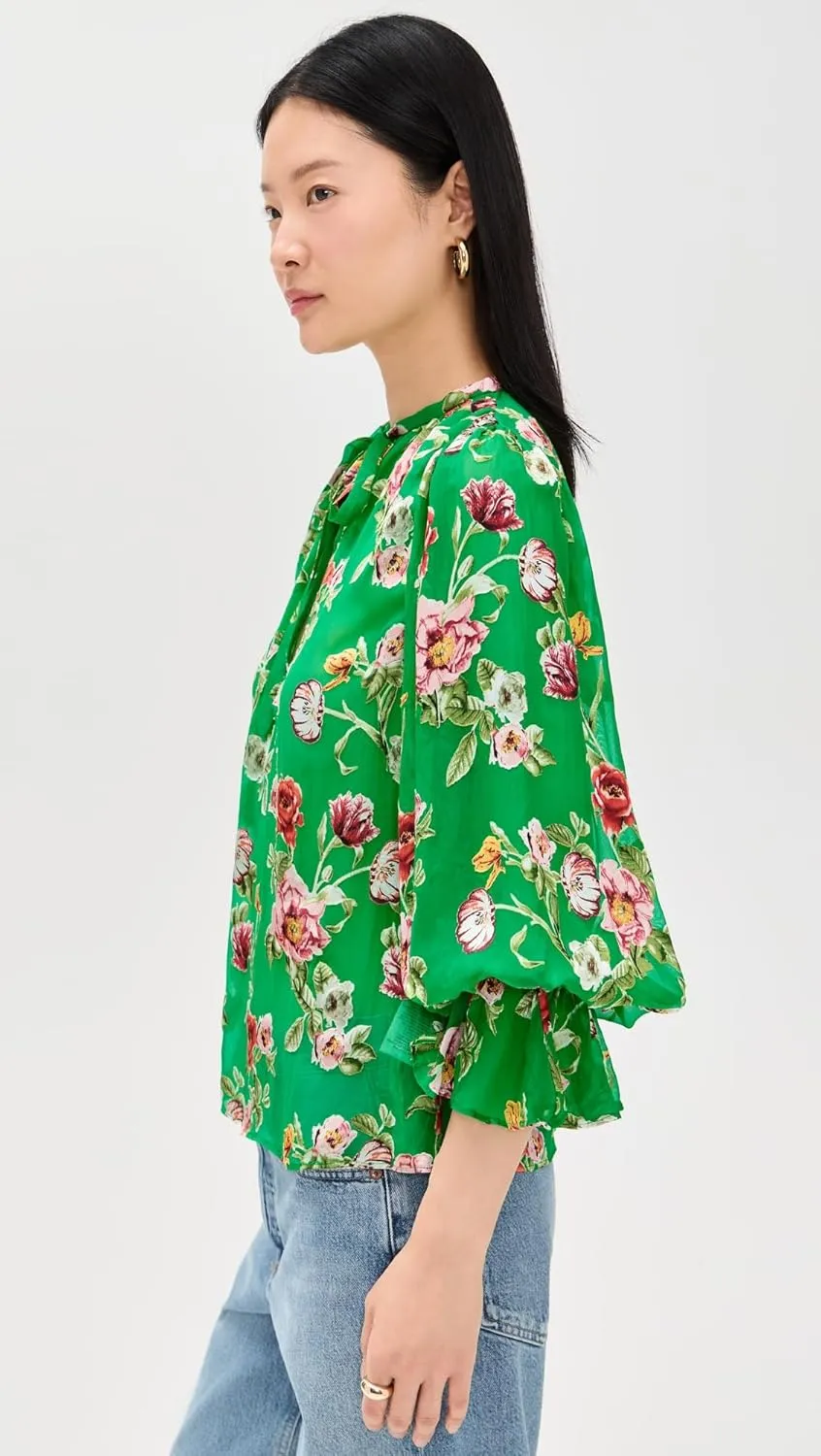 alice   olivia Women's Moranne Tie Neck Blouson Ruffle Sleeve Top