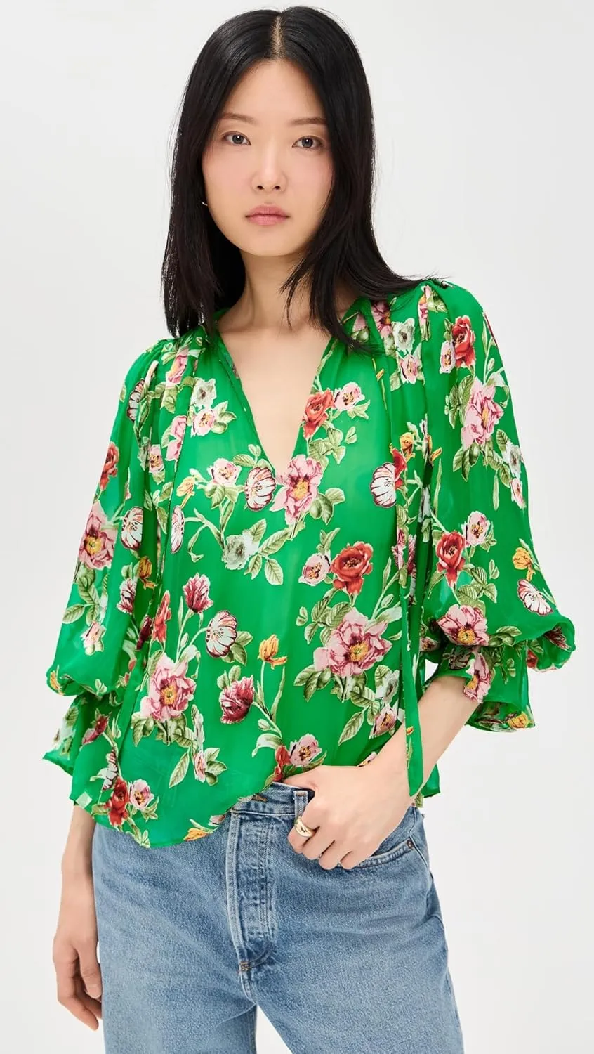 alice   olivia Women's Moranne Tie Neck Blouson Ruffle Sleeve Top