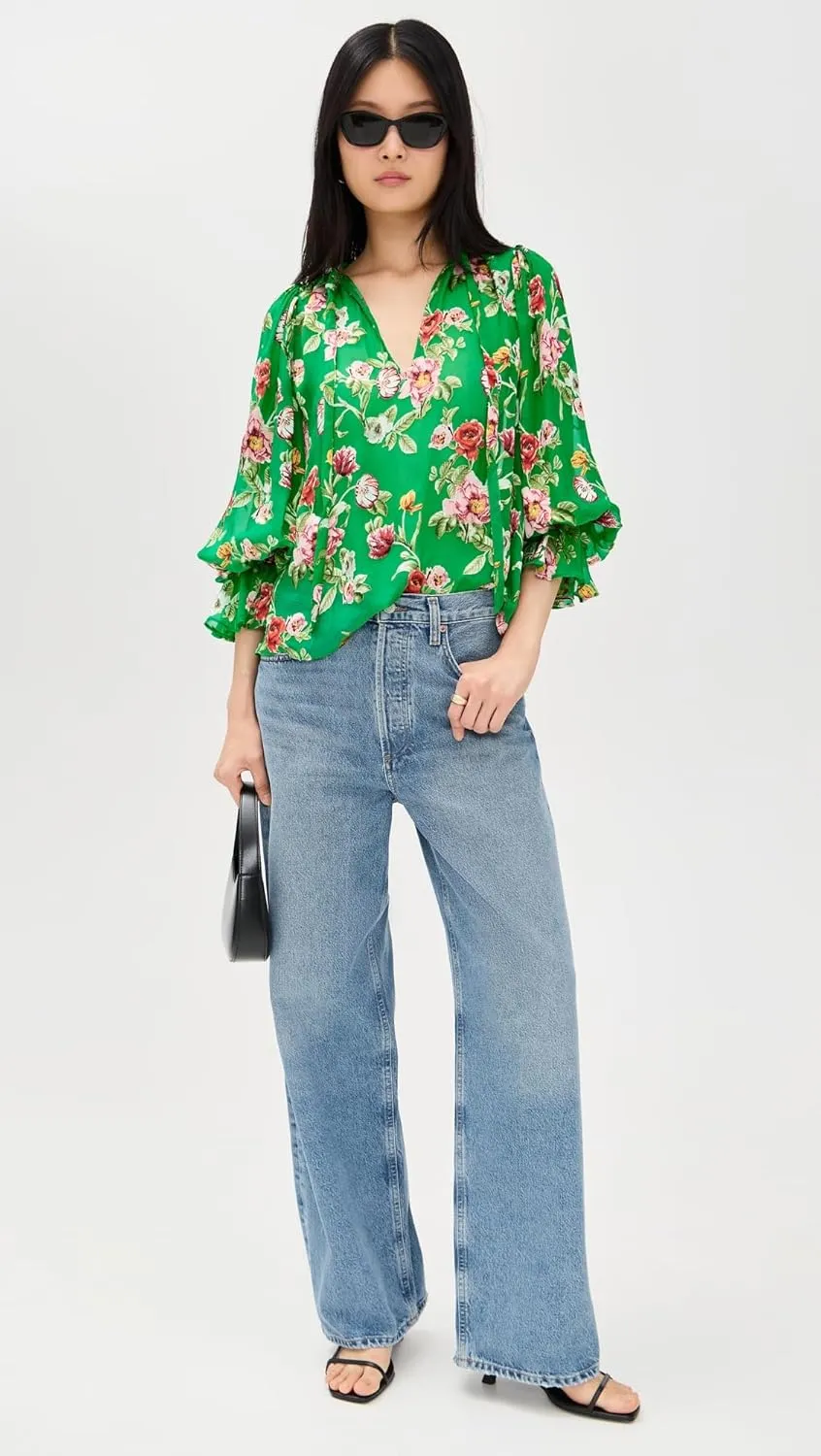 alice   olivia Women's Moranne Tie Neck Blouson Ruffle Sleeve Top