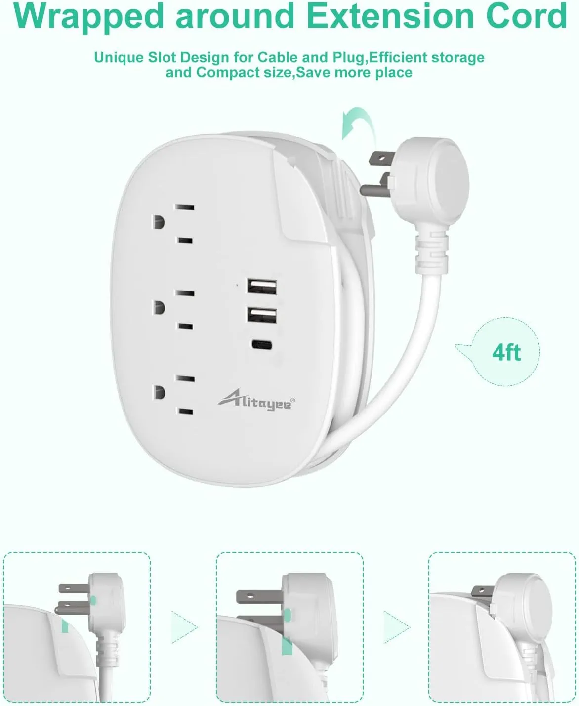 Alitayee USB C Travel Power Strip,Portable Power Strip with 3 Outlets 3 USB Ports Fast Charge, USB Extension Cord with Flat Plug and 4ft Wrapped Around Extension Cord for Cruise Travel Home Office