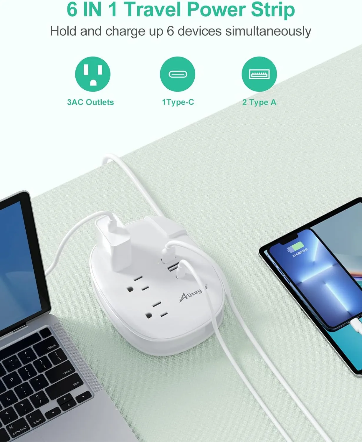 Alitayee USB C Travel Power Strip,Portable Power Strip with 3 Outlets 3 USB Ports Fast Charge, USB Extension Cord with Flat Plug and 4ft Wrapped Around Extension Cord for Cruise Travel Home Office