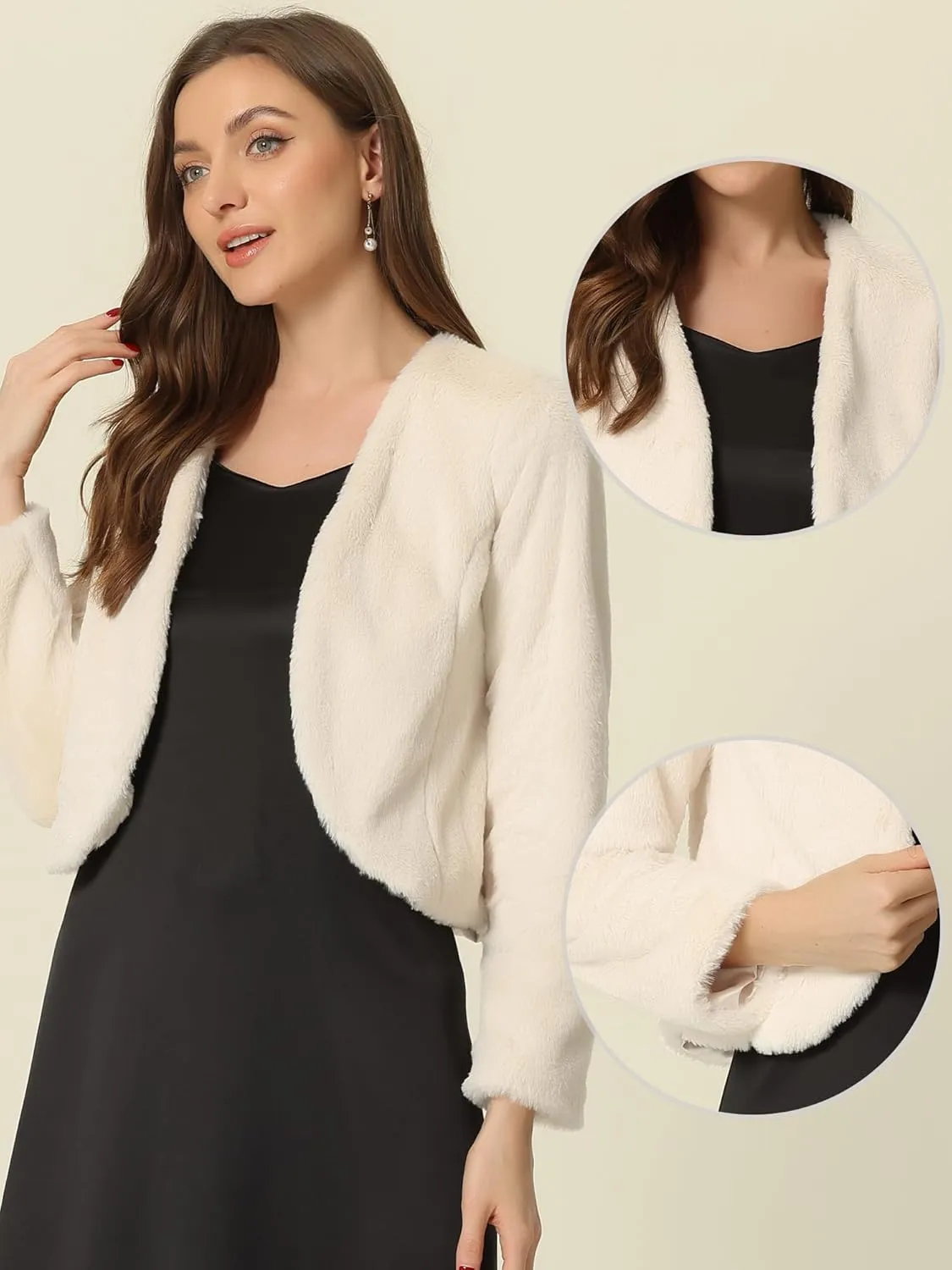 Allegra K Cropped Jacket for Women's Faux Fur with Pockets Long Sleeve Open Front Wedding Bolero Gowns Coat