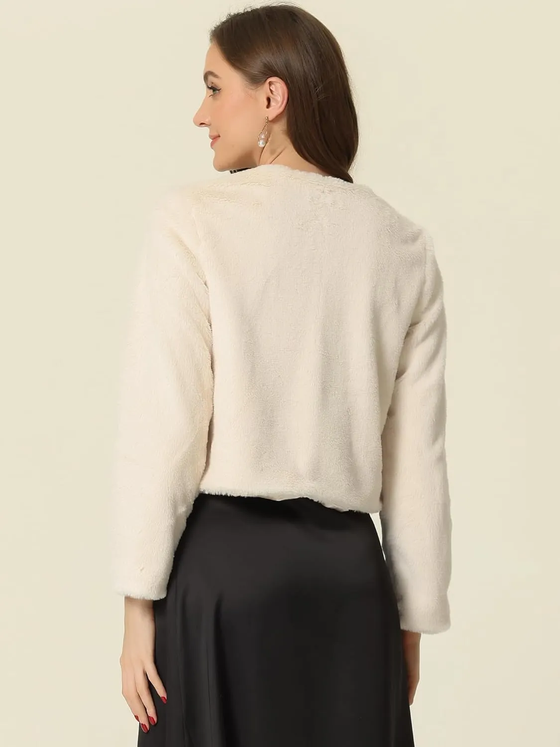 Allegra K Cropped Jacket for Women's Faux Fur with Pockets Long Sleeve Open Front Wedding Bolero Gowns Coat