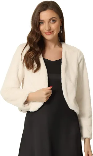 Allegra K Cropped Jacket for Women's Faux Fur with Pockets Long Sleeve Open Front Wedding Bolero Gowns Coat