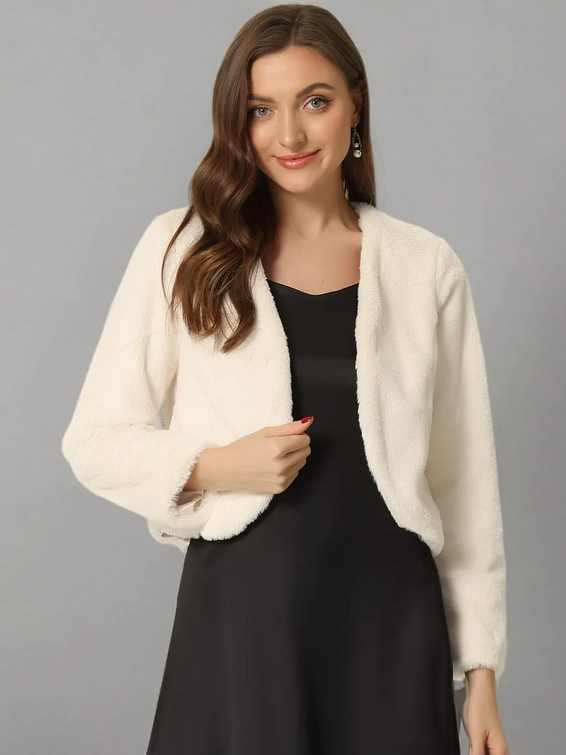 Allegra K Cropped Jacket for Women's Faux Fur with Pockets Long Sleeve Open Front Wedding Bolero Gowns Coat