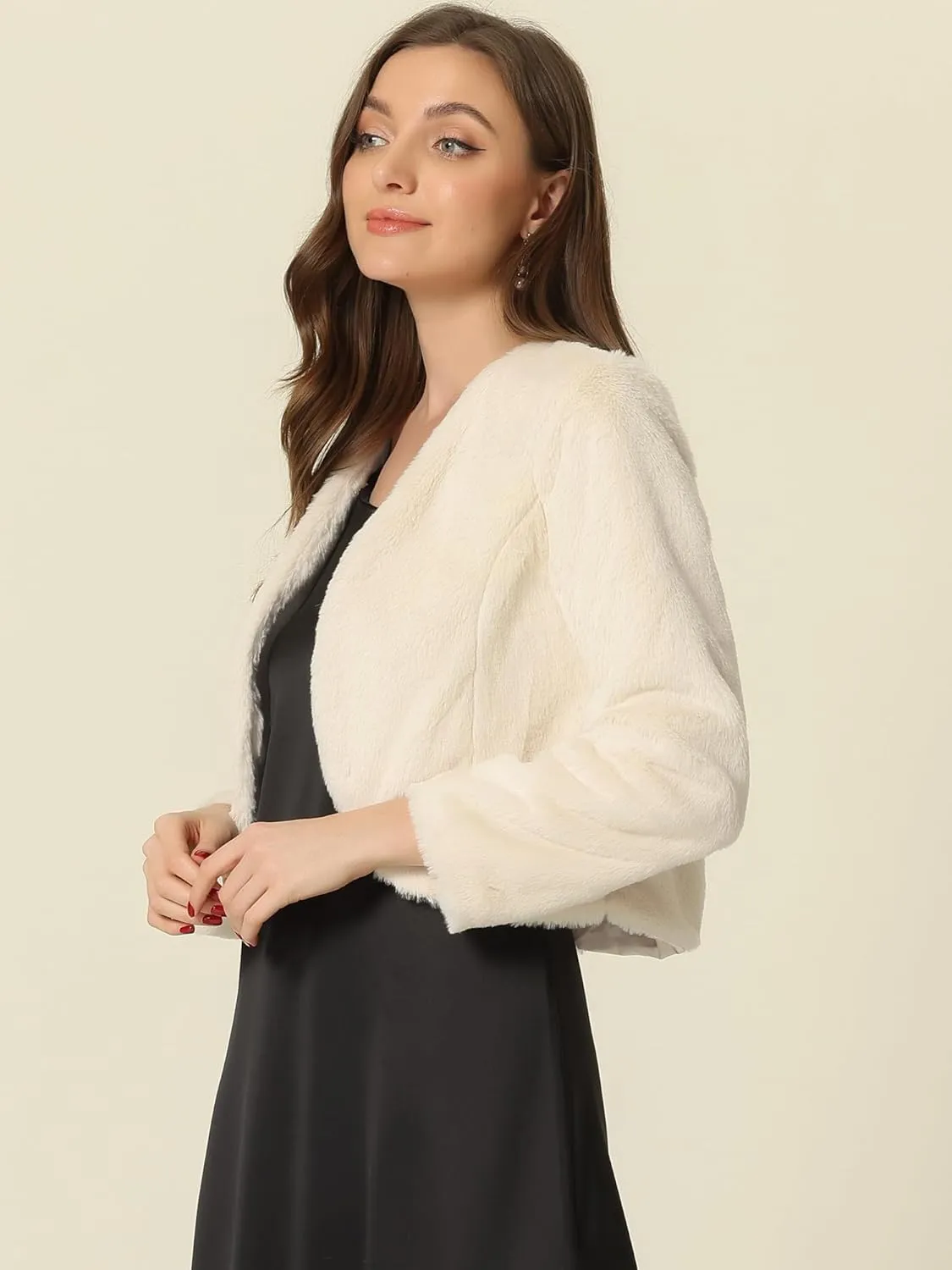 Allegra K Cropped Jacket for Women's Faux Fur with Pockets Long Sleeve Open Front Wedding Bolero Gowns Coat