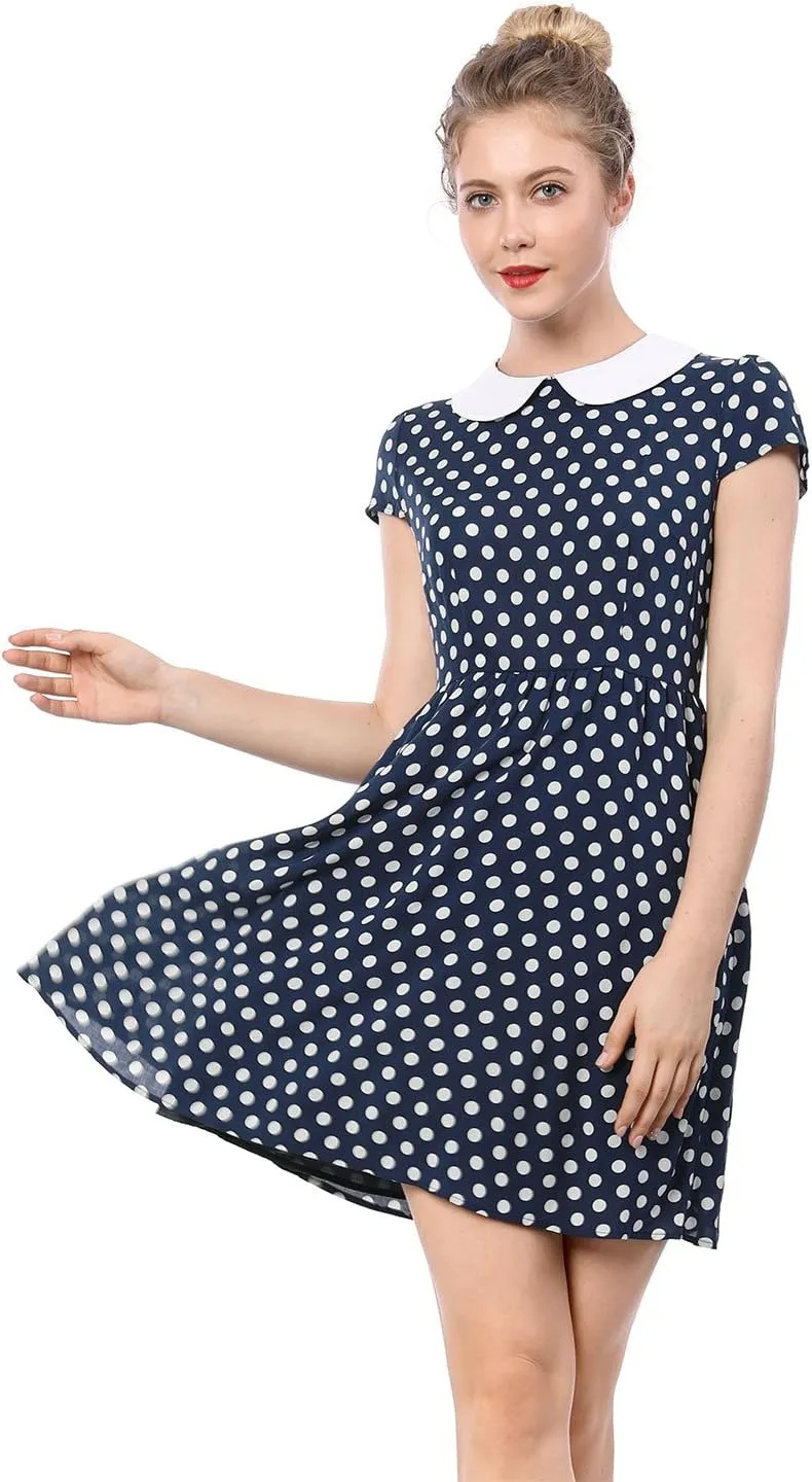Allegra K Women's Peter Pan Collar Short Sleeves Contrast A-Line Polka Dots Dress