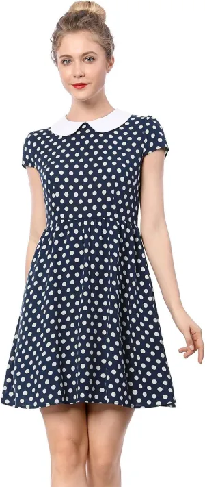 Allegra K Women's Peter Pan Collar Short Sleeves Contrast A-Line Polka Dots Dress