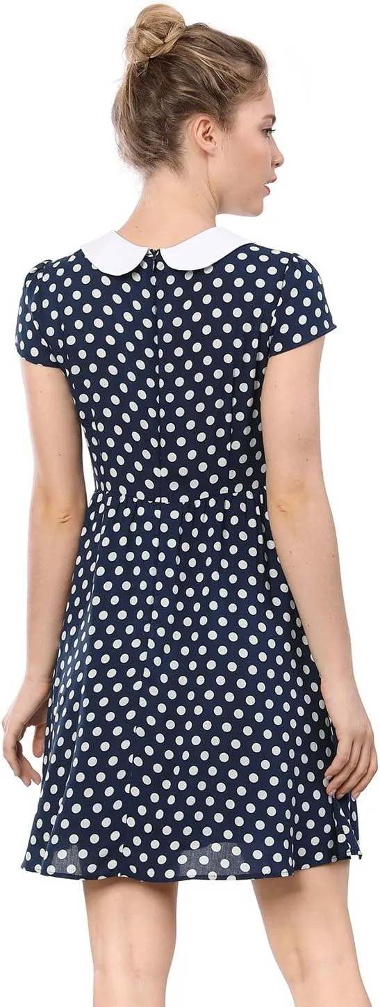 Allegra K Women's Peter Pan Collar Short Sleeves Contrast A-Line Polka Dots Dress