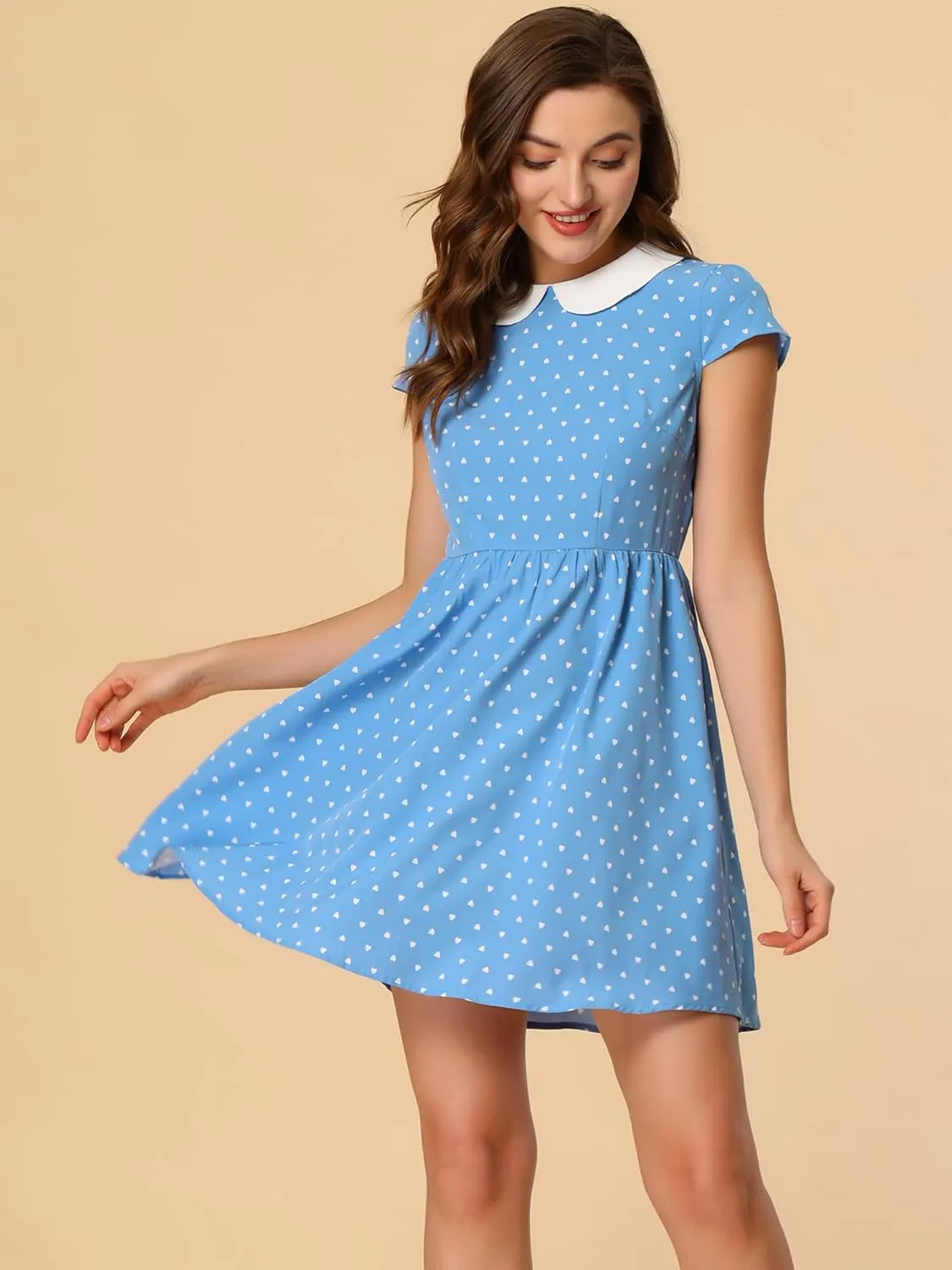 Allegra K Women's Peter Pan Collar Short Sleeves Contrast A-Line Polka Dots Dress