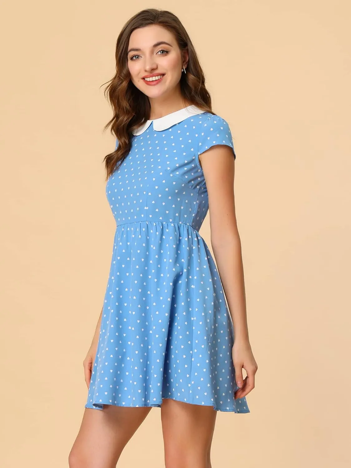 Allegra K Women's Peter Pan Collar Short Sleeves Contrast A-Line Polka Dots Dress