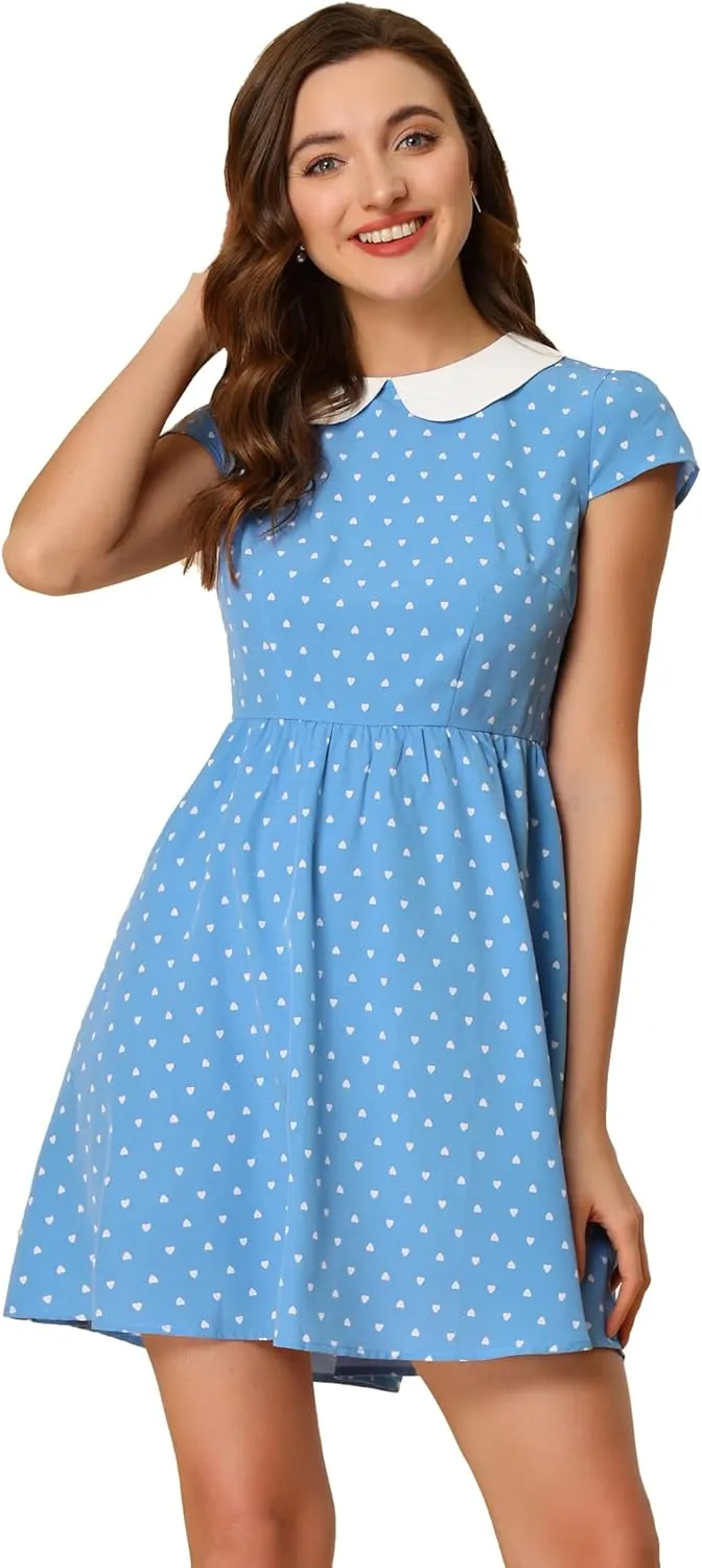 Allegra K Women's Peter Pan Collar Short Sleeves Contrast A-Line Polka Dots Dress