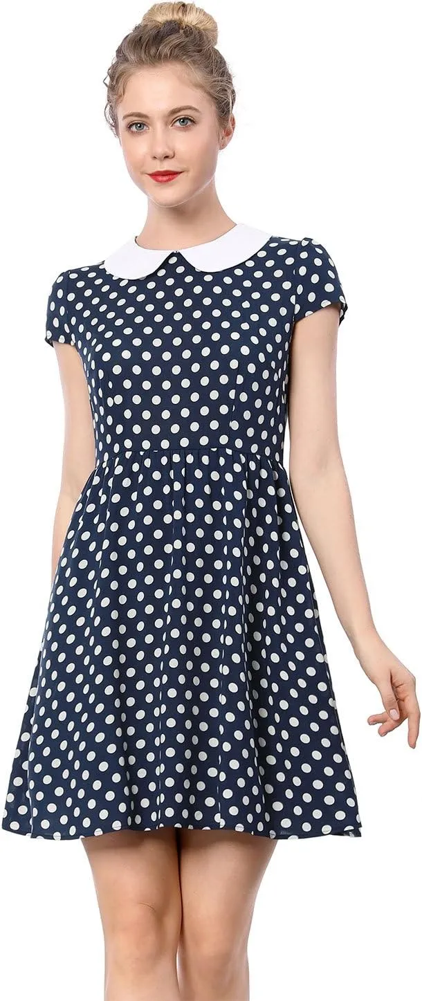 Allegra K Women's Peter Pan Collar Short Sleeves Contrast A-Line Polka Dots Dress