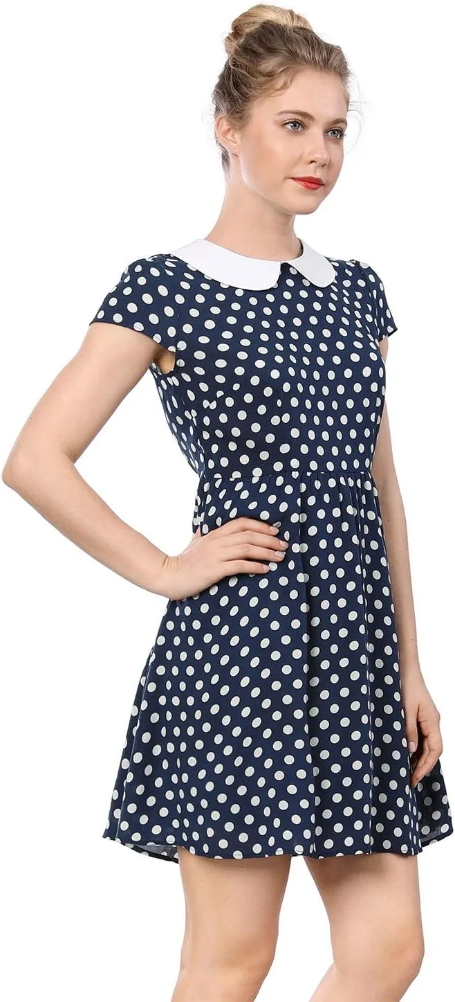 Allegra K Women's Peter Pan Collar Short Sleeves Contrast A-Line Polka Dots Dress