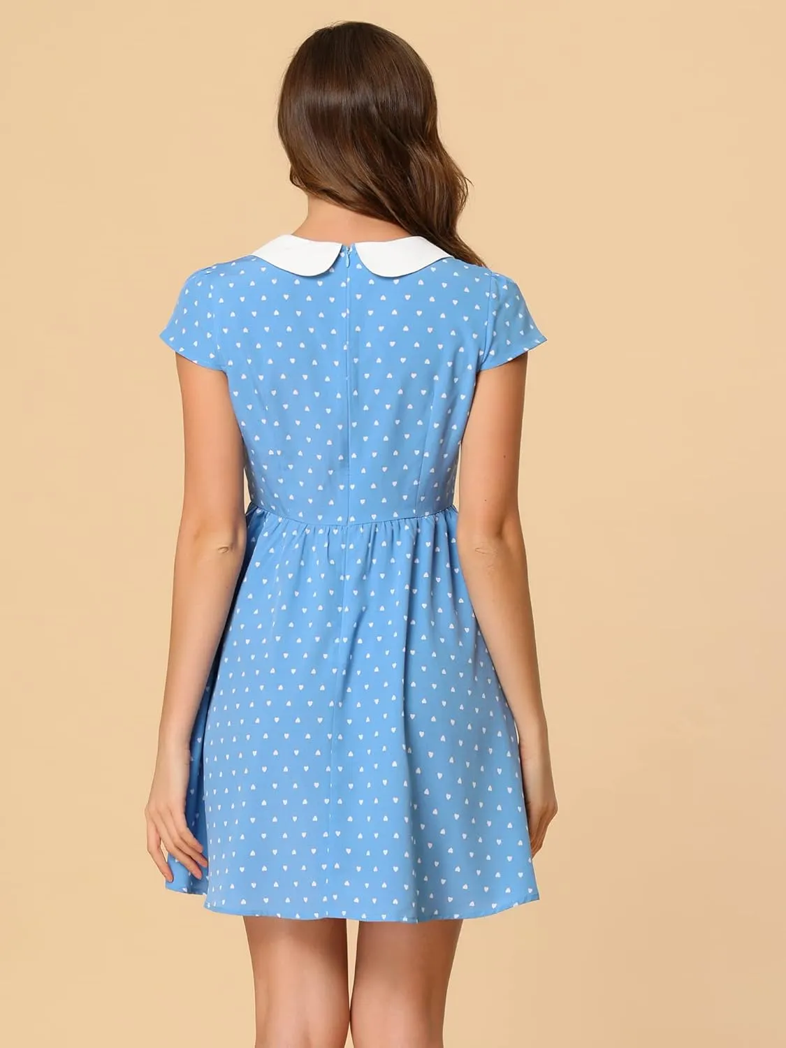 Allegra K Women's Peter Pan Collar Short Sleeves Contrast A-Line Polka Dots Dress