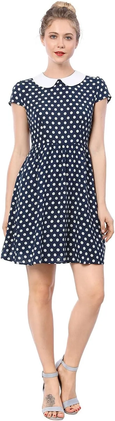 Allegra K Women's Peter Pan Collar Short Sleeves Contrast A-Line Polka Dots Dress